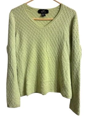 💚 Pure Cashmere Green Cable Knit Sweater XL 100% Cashmere V-Neck Soft Luxury